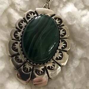 Signed AB Sterling Navajo Malachite Pendant On 925 Silver Necklace